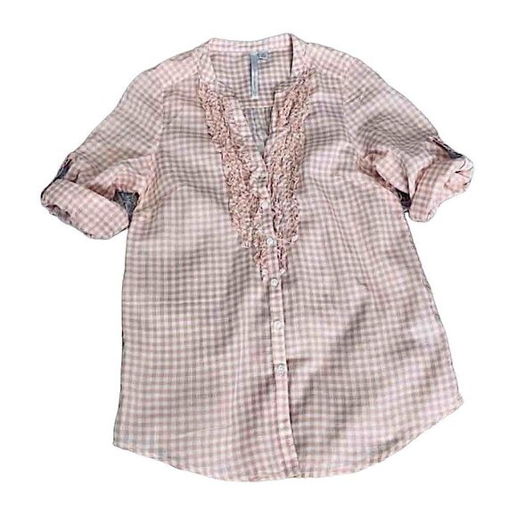 LC Lauren Conrad Peach & White Gingham Tab Sleeve Button Up Shirt w/Ruffle XS - Picture 1 of 8